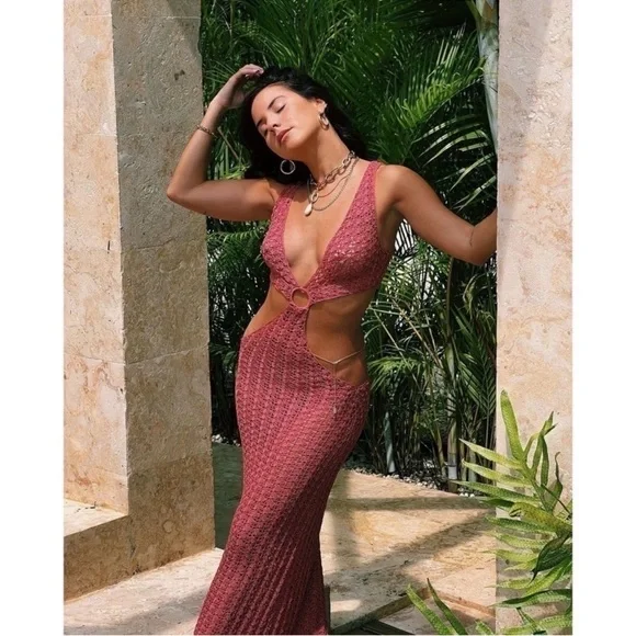 Cult Gaia Tyra Crochet Cutout Maxi Dress Sheer Beach Jaipur Pink XS NWT - Picture 9 of 11
